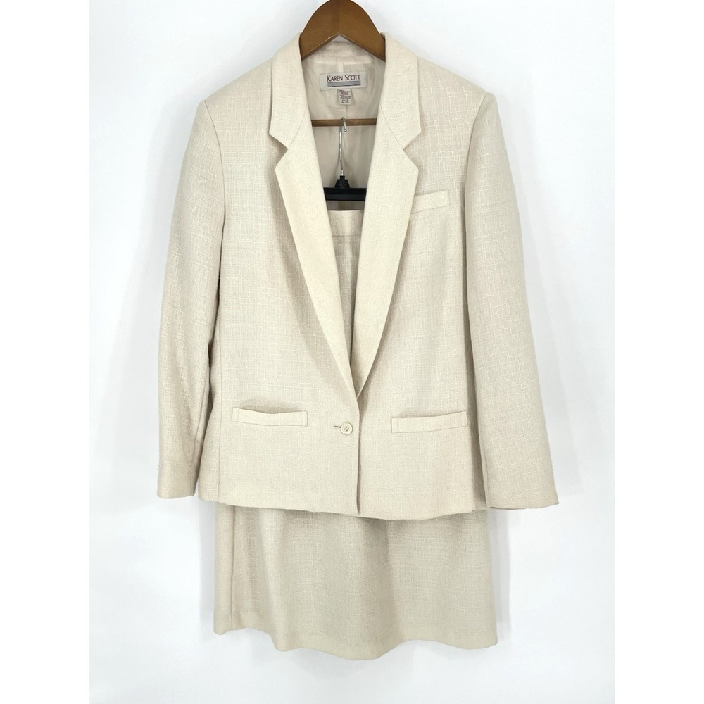 Vtg Karen Scott Women 12 Skirt Suit Beige Linen Blend Lined One Button Career